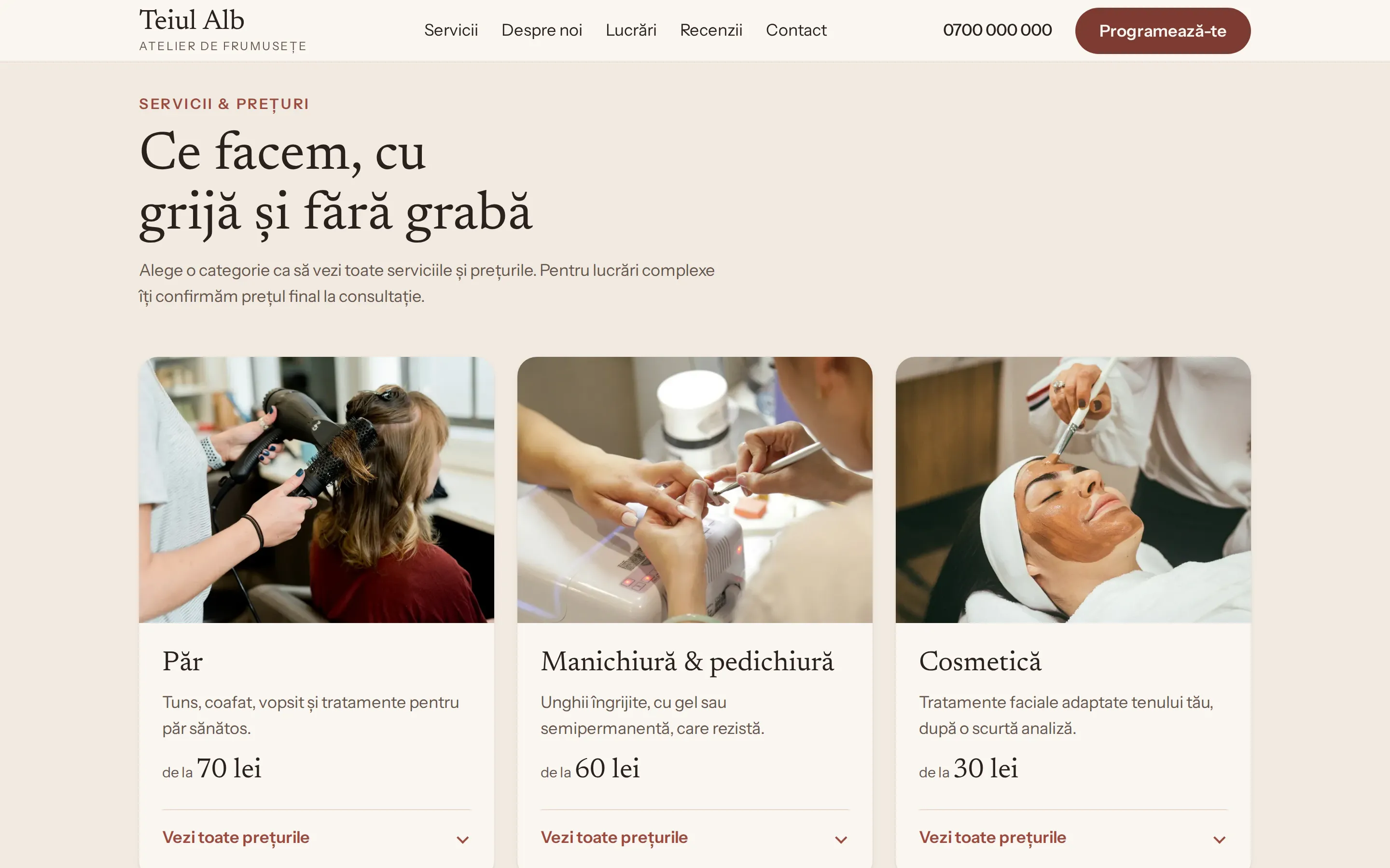 Secțiunea de servicii din site-ul demo Teiul Alb: păr, manichiură și pedichiură, cosmetică, fiecare cu fotografie și preț de pornire.